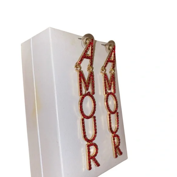 Amour LOVE Red Rhinestone Crystal Gold Long Drop Earrings Valentines Glam - Picture 7 of 8